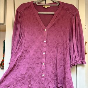 Democracy Plum Lace-Yoke Button-Front Blouse